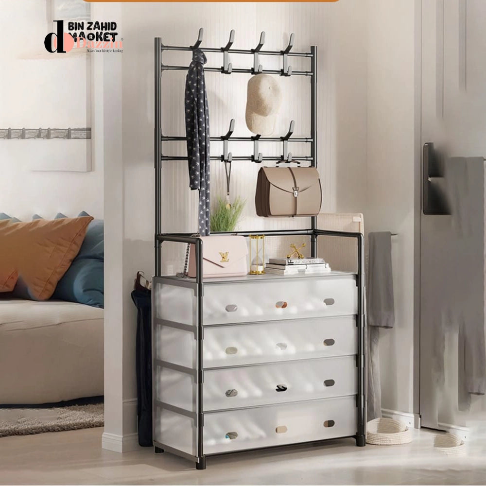 MULTIFUNCTIONAL SHOE STORAGE COAT RACK - FLOOR-STANDING ENTRYWAY HANGER AND SIMPLE SHOE CABINET ORGANIZER - 5 LAYERS